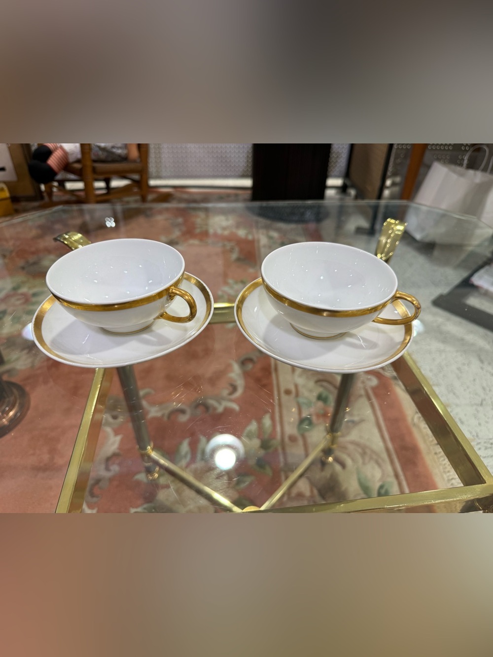 Limoges W Guerin & Co White  Porcelain Teacup and Saucer wGold Trim lot of 2